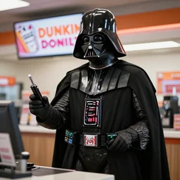 darth vador working at dunkin donuts , 8k cinematic lighting, very sharp detail, anatomically correct