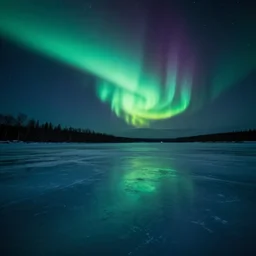 frozen lake with aurora lights at night, photorealistic, cinematic, ambeint, 8k detail, ominous, wide angle lens
