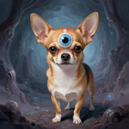 a chihuahua with a third eye living in an extradimensional reality, in the style of wlop and alex grey, illustration, epic, fantasy, hyper detailed, smooth, unreal engine, sharp focus, ray tracing, physically based rendering