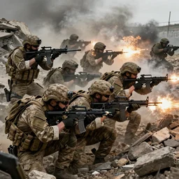 masterpiece Squad of American soldiers in full gear taking cover behind rubble and firing their weapons desperately at an enemy during a very intense battle, intense, 8k, cinematic, warfare, insane, art by Greg Rutkowski