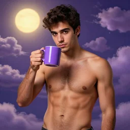 portrait of a ( ( ( una taza de cafe grande y morada ) ) ), ( ( guapo joven caliente espanol pecho peludo ) ), nubes y magia, el sol, concept character, model hands, by greg rutowski and tezuka and oi and mucha and bierstadt and remington, trending on artstation