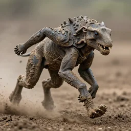 action photography, long shot, award winning macro photo of an ultra detailed intricate muddy titan running very fast on mud, dirt and dust, fast shutter speed, motion blur, tiny gaussian blur, highly detailed, highly intricate, depth of field, national geographic