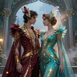 fantasy fashion, male and female, ecopunk and art nouveau architecture, vibrant, burgundy and teal colors and golden glittery, iridescent and opalescent, twilight, refractive crystal, elegant, feather hair ornaments, highly detailed, digital painting, glowing particles, misty, cinematic lighting, god rays, smooth, sharp focus, art by nixeu, by wlop, by alphonse mucha.
