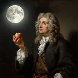 Isaac Newton holding an apple in his hands and looking at the moon, by Brothers Hildebrandt