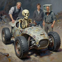 oil painting of dystopian macerated vehicle, bone steering, 5 0 s computer tires, horror book jacket illustration jupiter baked 6 0 0 f by wayne d barlowe, geof darrow, ed big daddy roth