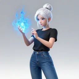 a girl sorcerer with white hair in a hairbun, blue jeans, and a black tshirt, learning how to use magic. radiating blue energy. magical atmosphere, by Andreas Rocha, guillaume tholly, Gthl.art, Makoto Shinkai, genshin impact, Breath of the wild, studio ghibli. Trending on ArtStation. award winning