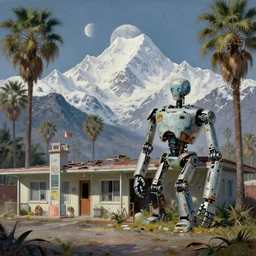 broken robot | abandoned motel | palm trees | snowy mountains | moon in sky, painting by syd mead and weta studio and moebius and james jean and frank frazetta, highly detailed, rule of third, soft lighting, architectural magazine, beautiful detailed, insanely intricate details, artstation trending, hypermaximalistic, high details, cinematic