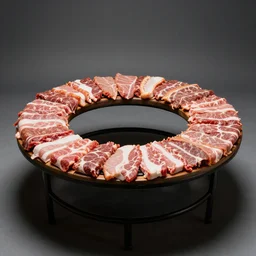 a round bench completely covered in meat, studio photography, 5 0 mm