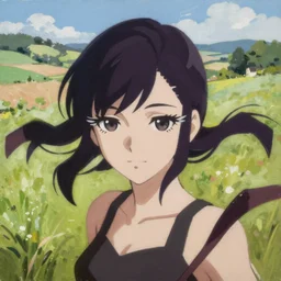 Greg Manchess painting of Velma Dinkley in the style of Persona 5, anime style, winged eyelashes, countryside, calm, fantasy character portrait, dark outlines, dynamic pose, above view, sunny day, artwork by Makoto Shinkai, very coherent asymmetrical artwork, sharp edges, perfect face, simple form, 100mm