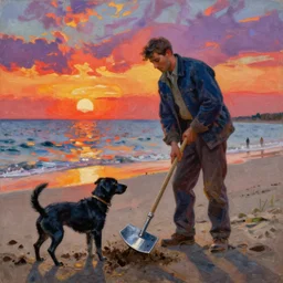 a fauvist painting of a man and a black dog digging with a metal detector on a danish beach at sunset