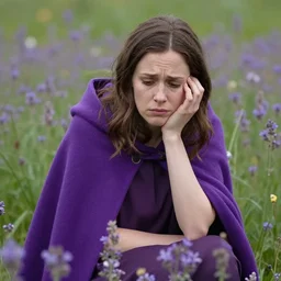an anxious woman in a purple cloak, field of flowers, by mike davis