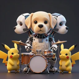 high quality 3 d render very cute cyborg labrador dog plays drums, 3 heads, cyberpunk highly detailed, unreal engine cinematic smooth, in the style of blade runner & detective pikachu, hannah yata charlie immer, moody light, low angle, uhd 8 k, sharp focus