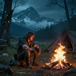 a movie still from final fantasy live action, a traveler alone by the campfire in the sno, dieselpunk w