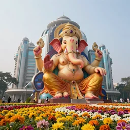 beautiful futuristic new delhi, sharp sci - fi ganesha!! building, kalighat flowers, highly detailed cinematic, stephen shore & john j. park, soft morning light, wide shot, ground angle, uhd 8 k, sharp focus