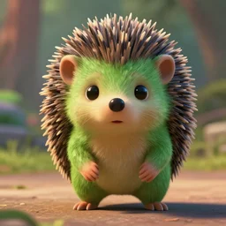 a cute green anthropomorphic hedgehog, cinematic shot,in the style of Pixar, shallow depth of focus