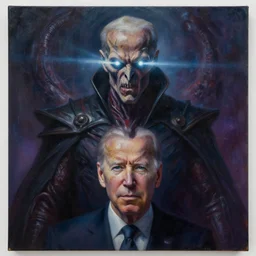 abstract painting of Joe Biden evil emperor of the world, Sidious, noxious, cosmic horror, evil, dangerous, nightmare, trending on ArtStation, masterpiece, by Greg Rutkowski, by Ross Tran, by Fenghua Zhong, octane, lightbeam eyes, soft render, clear facial features, oil on canvas, moody lighting, cinematic, professional environment concept art