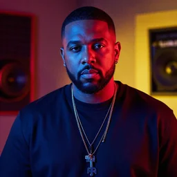 ultra detailed portrait photo of dj khaled in a studio, blue, under red and yellow cinematic lighting
