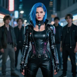 hyper realistic photograph portrait of cyberpunk kate beckinsale with blue hair, wearing a full leather outfit, cyber implants, in city street at night, by makoto shinkai, ilya kuvshinov, lois van baarle, rossdraws, basquiat