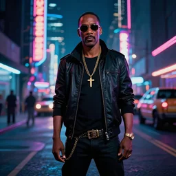 cyberpunk eddie murphy, standing on a cyberpunk street at night, streets are lit with neon lights, portrait, cinematic