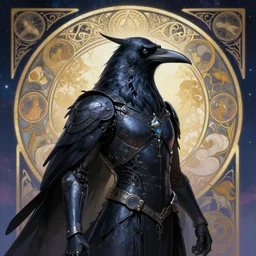 portrait raven techno wizard, fantasy, intricate, elegant, highly detailed, digital painting, artstation, smooth, sharp focus, illustration, epic cosmic background, artgerm, alphonse mucha, epic cosmic background, erak note, eddie mendoza, christophe young, craig mullins, evan lee, silvain sarrailh, dao trong le, kan liu, character design, trending on artstation