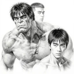 portrait hulk by yusuke murata and masakazu katsura, artstation, highly - detailed, cgsociety, pencil and ink, city in the background, dark colors, detailed face