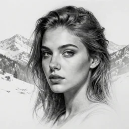tattoo design sketch of a beautiful woman face with a faded background of beautiful mountains on her side, hyper - realistic, double exposure effect, in the style of den yakovlev, amazing detail, black and white, faded