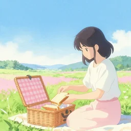 landscape, a girl unpacking her picnic basket, a blt sandwich, gentle gradients, sunlit, blue sky, japanese countryside. green and pink and blue, bright pastel watercolour, by chihiro iwasaki