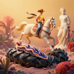 a cowboy turning into blooms by slim aarons, by zhang kechun, by lynda benglis. tropical sea slugs, angular sharp tractor tires. complementary colors. warm soft volumetric light. national geographic. 8 k, rendered in octane, smooth gradients. manly cowboy riding a horse sculpture by antonio canova. red accents.