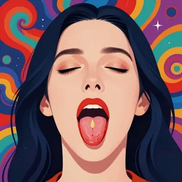 a colorful vibrant closeup portrait of a woman licking a tab of lsd acid on his tongue and dreaming psychedelic hallucinations, by kawase hasui, moebius, edward hopper and james gilleard, zdzislaw beksinski, steven outram colorful flat surreal design, hd, 8 k, artstation