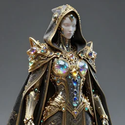cybernetic crystal assassin, award winning concept render, realistic, matte intricate linework, beautiful spectrum of colorful gems on dark intricate armor cloak, cyborg, clear focus portrait, glowing, baroque, hooded, ornate!!! golden, futuristic, detailed, moody, magical, wlop, chebokha, rutkowski, artgerm, shinkai