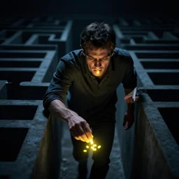A psychotic man running through a darklight maze, picking up glowing yellow pills and eating them