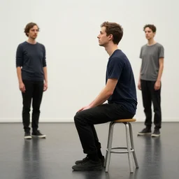 profile of young theatre actor sitting on a stool, by vincent lefevre and hernan bas and pat steir and hilma af klint, psychological, photorealistic, symmetrical face, dripping paint, washy brush, threads, rendered in octane, altermodern, masterpiece