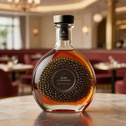 a photorealistic photograph of an Armagnac decanter made from caviar at an upscale polo lounge Trending on Artstation, featured on Behance, well-rendered, Unreal Engine, 4K HD