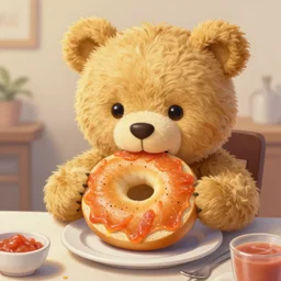 richard scary style drawing of cute fluffy happy golden teddy bear sitting at table eating large bagel with lox for breakfast, detailed 4 k painting
