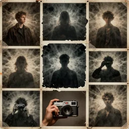 a chaotic collage of scanned old photographs swith people, ghostly silhouettes, strange poses, taken with soviet vintage flash camera, dark smudgy ghostly mystic foggy grainy gritty grunge torn paper texture
