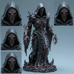photo taken of an epic intricate, ultra detailed, super realistic gritty, wet, slimy, lifelike sculpture of a nightmarish hellish humanoid hooded grim reaper, creature design created by weta workshop, menacing, some zoomed in shots, photorealistic, sharp focus, extremely cold blueish colour temperature, f 0. 4, full body shot