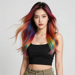 a award winning half body portrait of a beautiful woman with stunning eyes in a croptop and cargo pants with rainbow colored ombre hairstyle head in motion and hair flying by thomas danthony, outlined by whirling illuminated neon lines, outrun, vaporware, shaded flat illustration, digital art, trending on artstation, highly detailed, fine detail, intricate