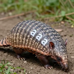 an armadillo playing with the letters aaa drawn on its back