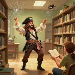A pirate plays a sea shanty to thank the librarian who helped him find a Pirate-to-Humanspeak translation book. The librarian is dancing and swinging his arms in the air. His arm accidentally hits a cobweb and a spider falls down, scaring the living daylight out of another librarygoer.