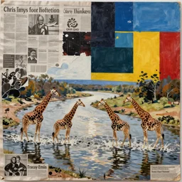 Giraffes crossing a river, collage, found objects, newspaper, torn advertisements, stencils, ink, oil painting, large color blocks, by Chris Ofili, Tracey Emin, Gary Hume,