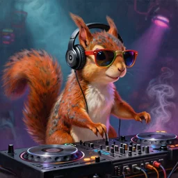 low angle photo of an anthropomorphic squirrel dj in colored sunglasses, stadning at a dj table playing techno music at a dance club, wearing beats by dr. dre headphones, hyperrealistic, highly detailed, intricate, smoke, colored lights, fantasy character art, concept art, oil painting, illustration, by charlie bowater, artgerm, jason felix
