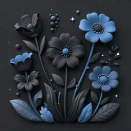 beautiful digital matte painting of whimsical botanical illustration black and blue flowers enchanted dark background dark contrast by android jones, dollpunk