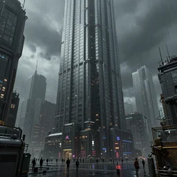 a matte painting of a massive skyscraper in this cyber - frostpunk city, many city dwellers, in the rain, highly detailed, in the style of john chamberlain and h. r. giger, dark moody lighting, hyper photorealism, trending on artstation, 8 k