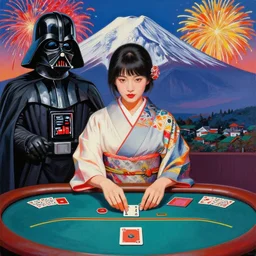 hyperrealistim composition of the detailed single woman in a japanese kimono sitting at a extremely detailed poker table with hyperdetailed darth vader, fireworks, mountain fuji on the background, pop - art style, jacky tsai style, andy warhol style, acrylic on canvas