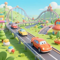 a fantastical world of cars driving on rollercoaster highways as seen in the book i spy treasure hunt