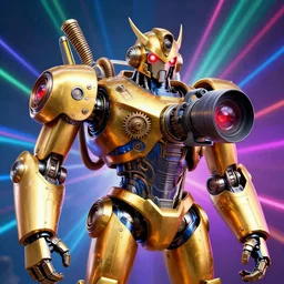 portrait photo of a giant huge golden and blue metal humanoid steampunk robot with a huge camera, with gears and tubes, eyes are glowing red lightbulbs, shiny crisp finish, 3 d render, 8 k, insaneley detailed, fluorescent colors, background is multicolored lasershow