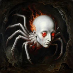 painting by hieronymus bosch, a flying human head with blood running down it's face face that is chalk white in color, with long white!! tentacles!! spider coming out of neck, fiery scorching red eyes, flying in a terrying hellish dark cavernous hell