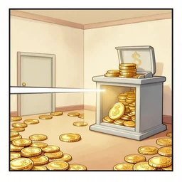 a comic strip of a room filled with gold coins in a bank caveau, trump jump inside, in the style of disney comics