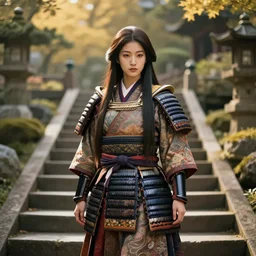 gorgeous japanese warrior princess standing on stairs in an ancient fantasy garden, long hair, beautiful intricately decorated clothing, natural pose, focus on face, golden hour, shallow depth of field, fantasy matte painting, rule of thirds, karole bak, mohrbacher, hasui kawase, noriyoshi ohrai