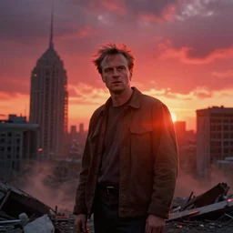 a film still from constantine by christopher nolan - a destroyed city in a windstorm, vibrant, 3 5 mm lens, evening, dramatic lighting, sunset red and orange, cinematic, global illumination, photorealistic, bloom